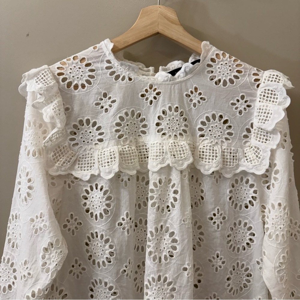 Zara Eyelet white cotton long sleeve blouse size medium Victorian summer coastal - Picture 3 of 10